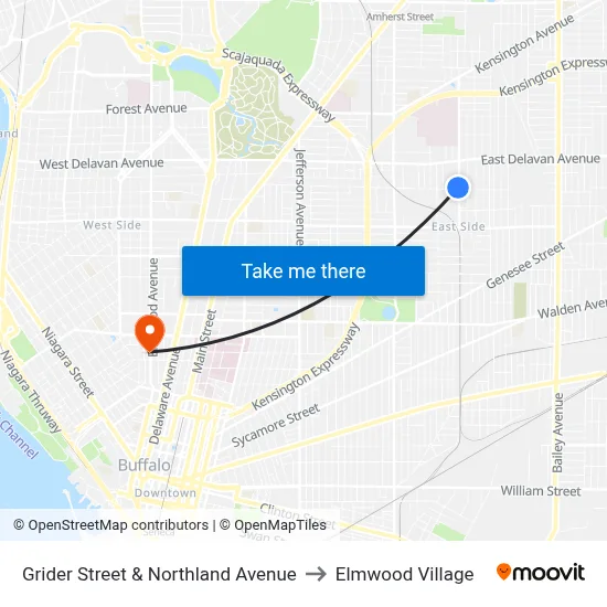 Grider Street & Northland Avenue to Elmwood Village map