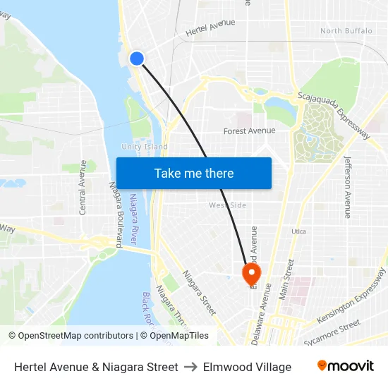 Hertel Avenue & Niagara Street to Elmwood Village map
