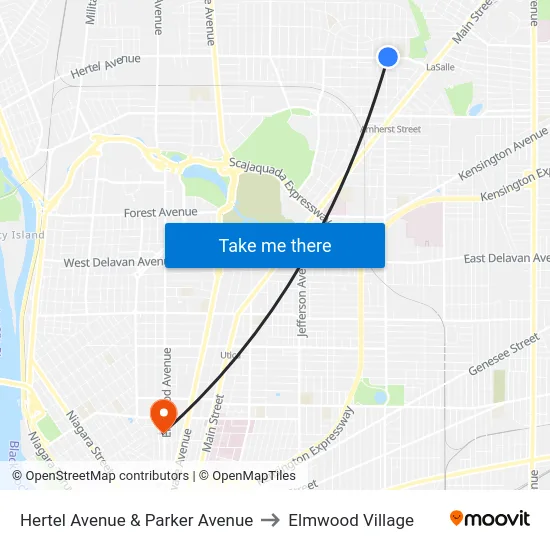 Hertel Avenue & Parker Avenue to Elmwood Village map
