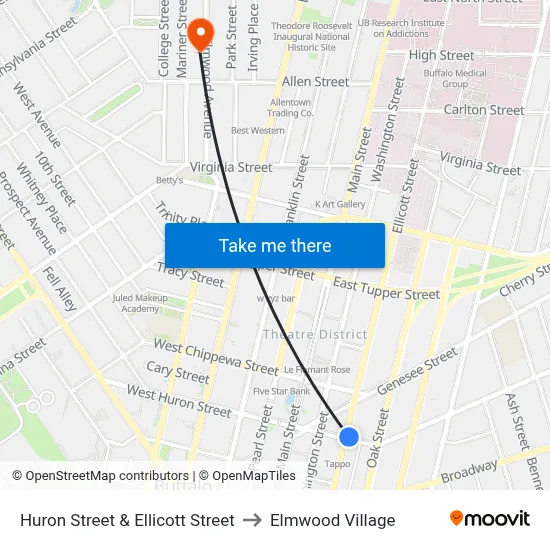 Huron Street & Ellicott Street to Elmwood Village map
