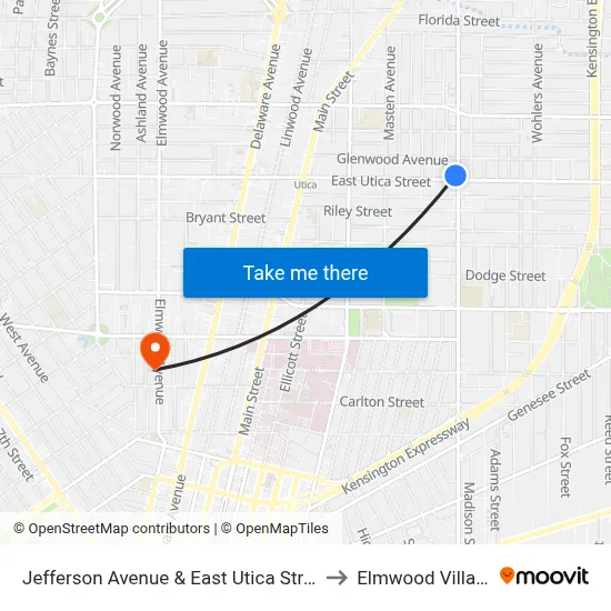 Jefferson Avenue & East Utica Street to Elmwood Village map