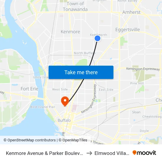 Kenmore Avenue & Parker Boulevard to Elmwood Village map