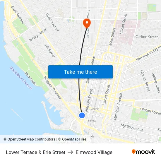Lower Terrace & Erie Street to Elmwood Village map