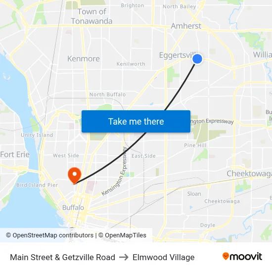 Main Street & Getzville Road to Elmwood Village map