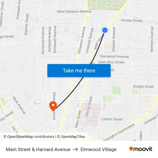 Main Street & Harvard Avenue to Elmwood Village map