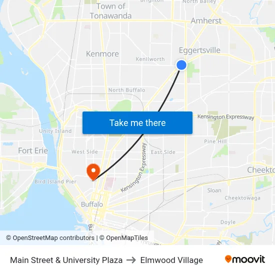Main Street & University Plaza to Elmwood Village map