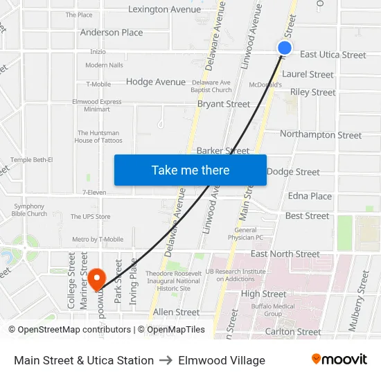 Main Street & Utica Station to Elmwood Village map