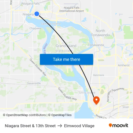 Niagara Street & 13th Street to Elmwood Village map