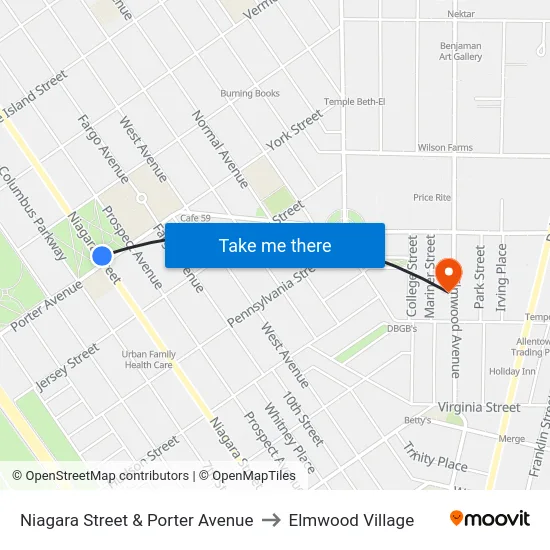 Niagara Street & Porter Avenue to Elmwood Village map