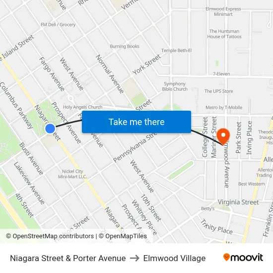 Niagara Street & Porter Avenue to Elmwood Village map