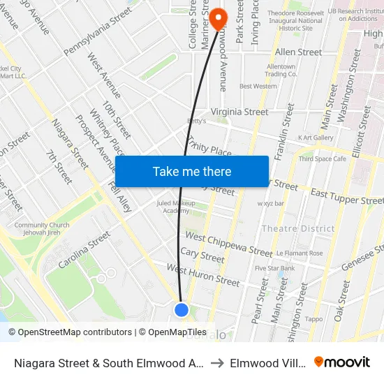 Niagara Street & South Elmwood Avenue to Elmwood Village map