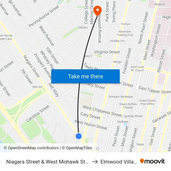 Niagara Street & West Mohawk Street to Elmwood Village map