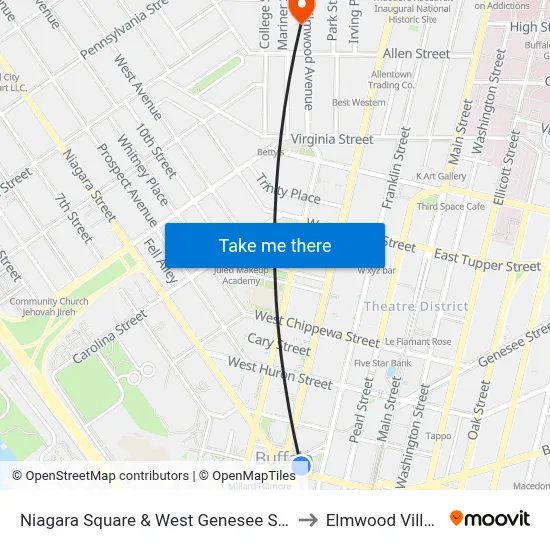 Niagara Square & West Genesee Street to Elmwood Village map