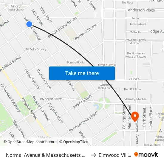 Normal Avenue & Massachusetts Avenue to Elmwood Village map
