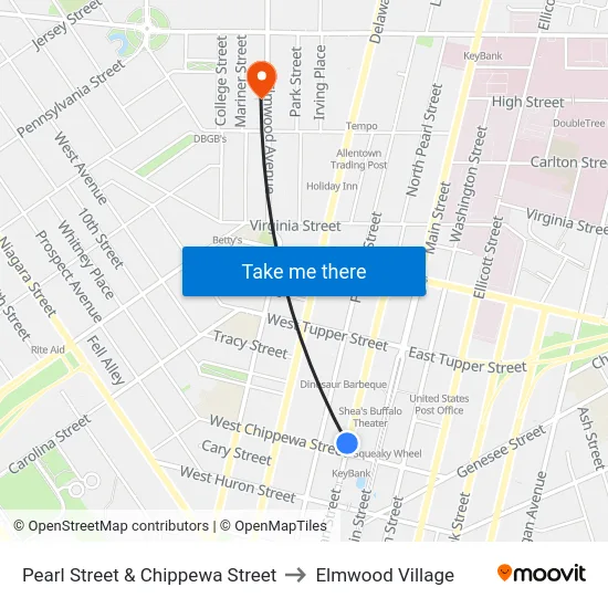 Pearl Street & Chippewa Street to Elmwood Village map