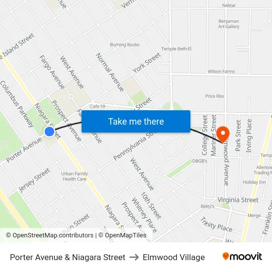 Porter Avenue & Niagara Street to Elmwood Village map