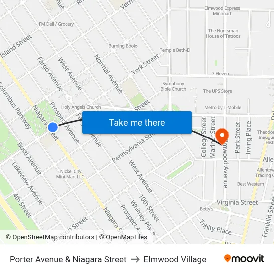 Porter Avenue & Niagara Street to Elmwood Village map