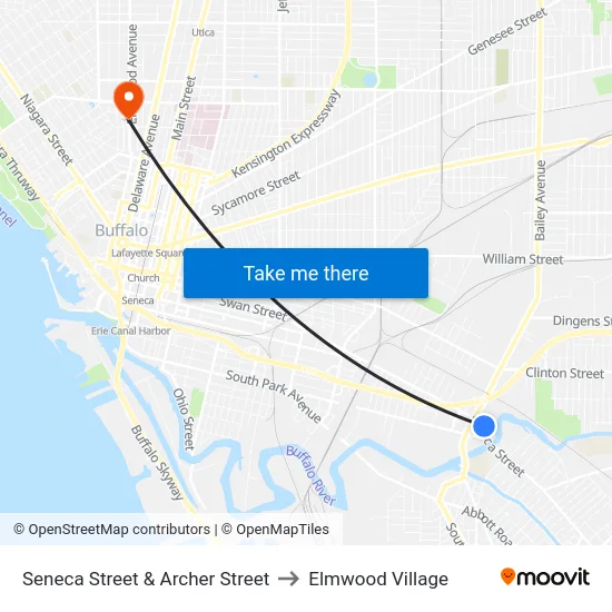 Seneca Street & Archer Street to Elmwood Village map