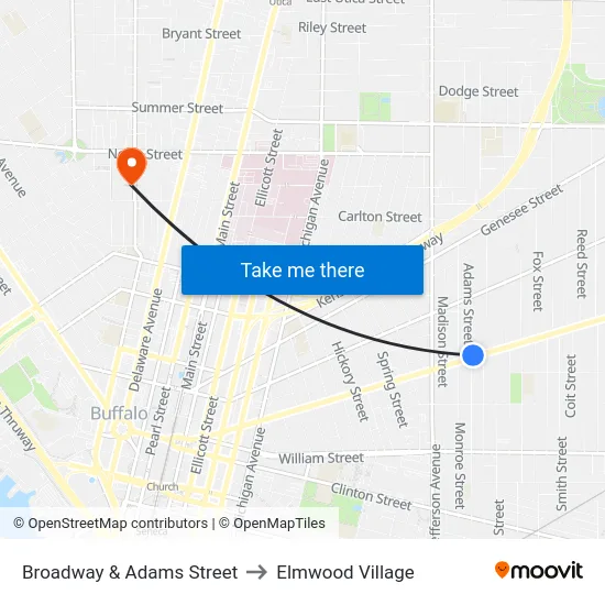 Broadway & Adams Street to Elmwood Village map