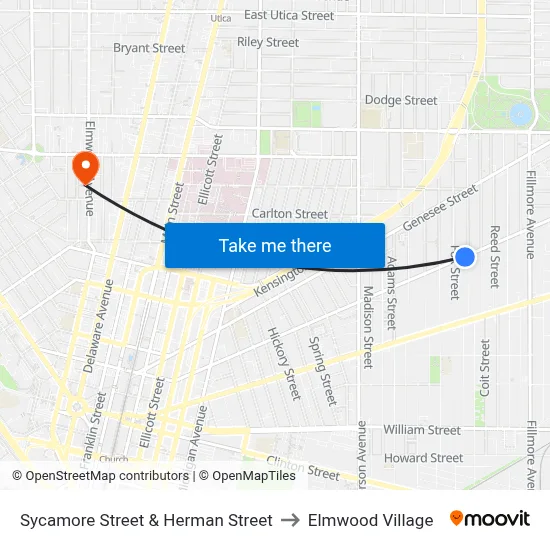 Sycamore Street & Herman Street to Elmwood Village map