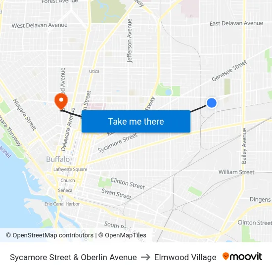 Sycamore Street & Oberlin Avenue to Elmwood Village map