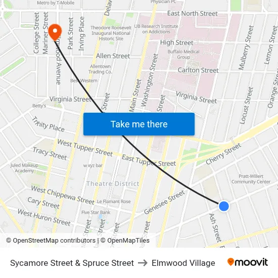 Sycamore Street & Spruce Street to Elmwood Village map
