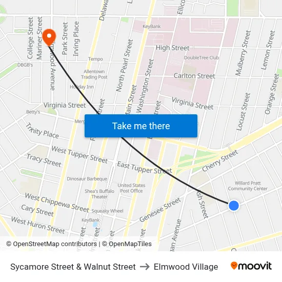 Sycamore Street & Walnut Street to Elmwood Village map