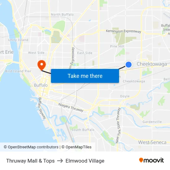 Thruway Mall & Tops to Elmwood Village map