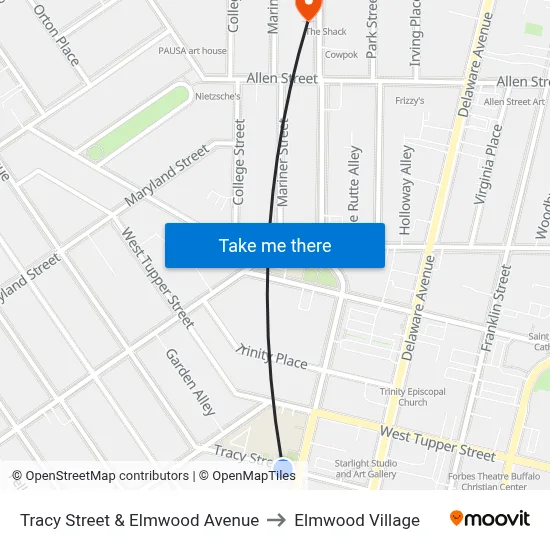 Tracy Street & Elmwood Avenue to Elmwood Village map
