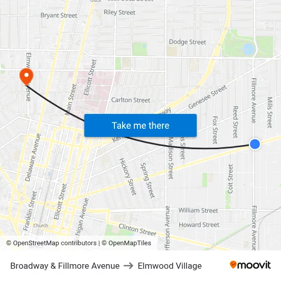 Broadway & Fillmore Avenue to Elmwood Village map