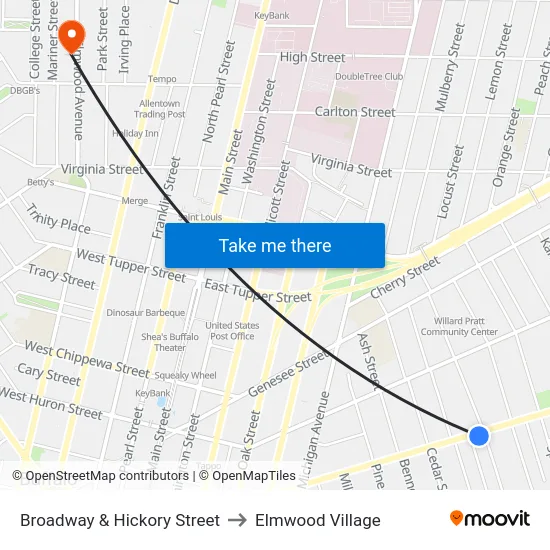 Broadway & Hickory Street to Elmwood Village map
