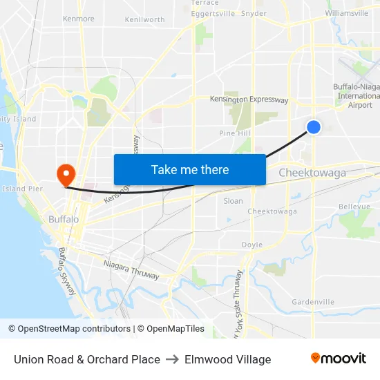 Union Road & Orchard Place to Elmwood Village map