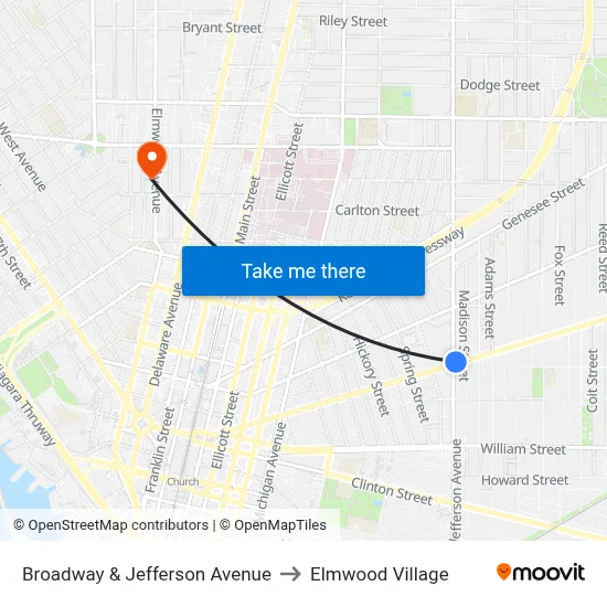 Broadway & Jefferson Avenue to Elmwood Village map