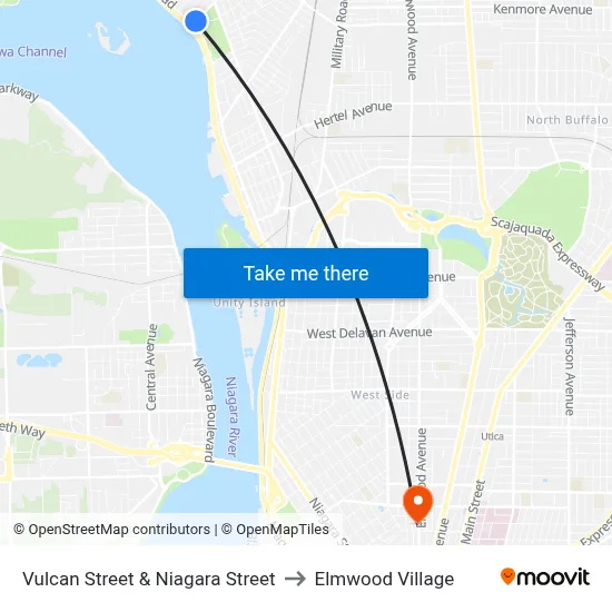 Vulcan Street & Niagara Street to Elmwood Village map