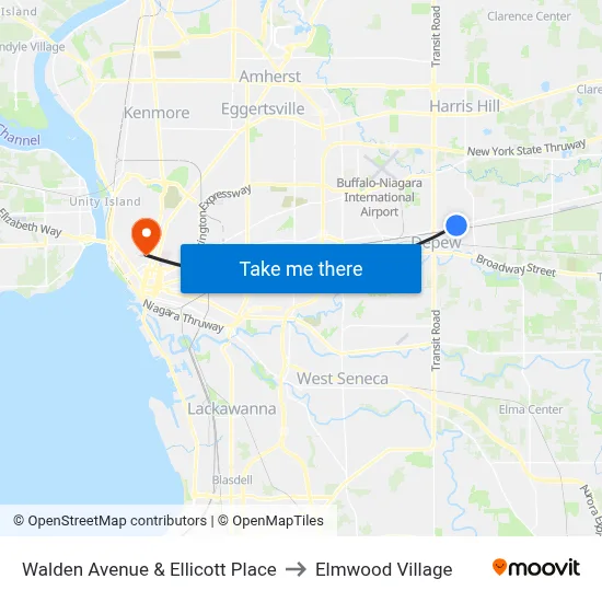 Walden Avenue & Ellicott Place to Elmwood Village map