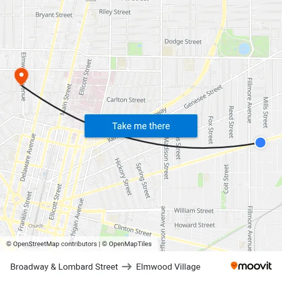 Broadway & Lombard Street to Elmwood Village map