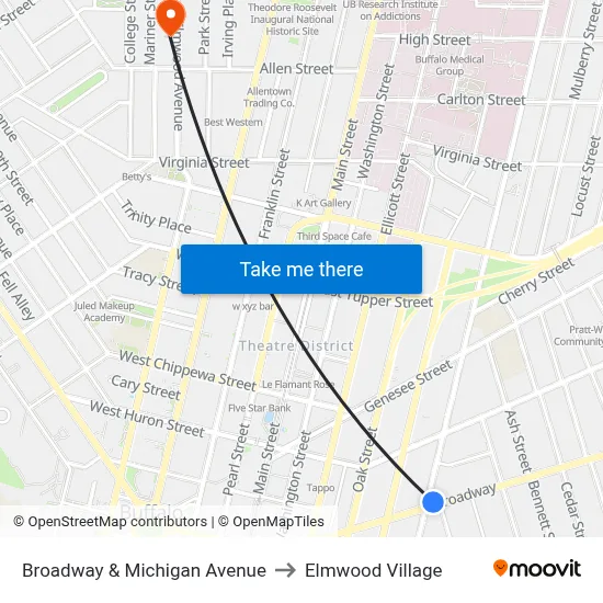 Broadway & Michigan Avenue to Elmwood Village map