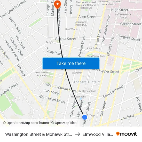 Washington Street & Mohawk Street to Elmwood Village map