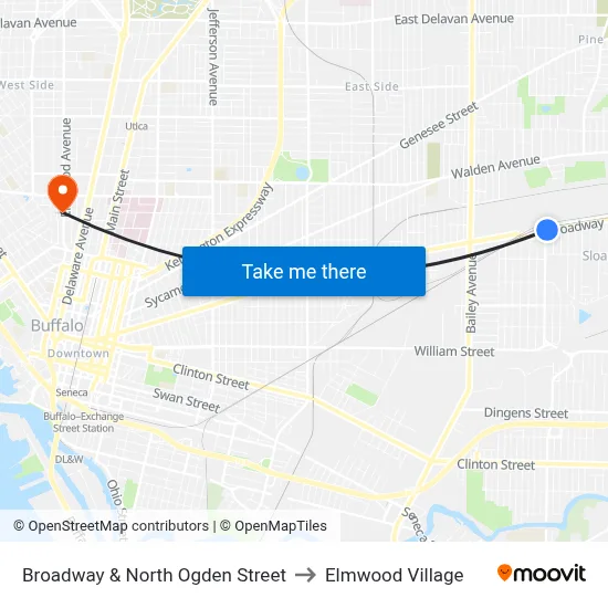 Broadway & North Ogden Street to Elmwood Village map