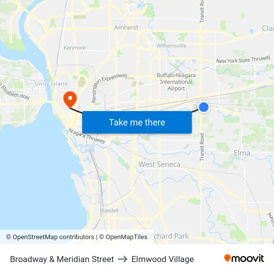 Broadway & Meridian Street to Elmwood Village map