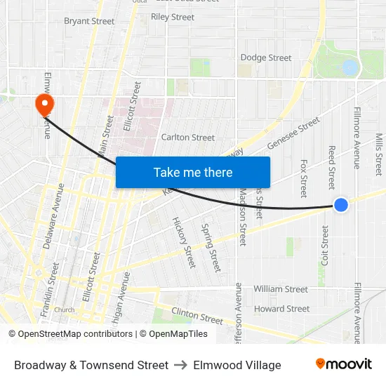 Broadway & Townsend Street to Elmwood Village map