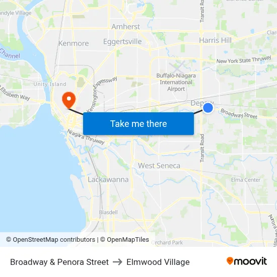 Broadway & Penora Street to Elmwood Village map