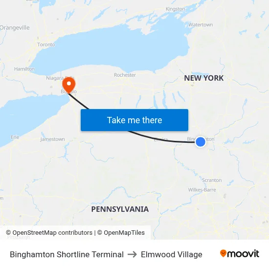 Binghamton Shortline Terminal to Elmwood Village map