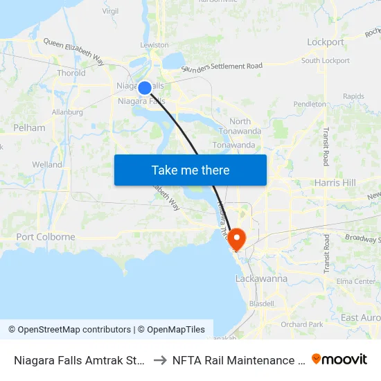 Niagara Falls Amtrak Station to NFTA Rail Maintenance Yard map