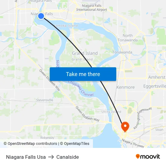 Niagara Falls Usa to Canalside map