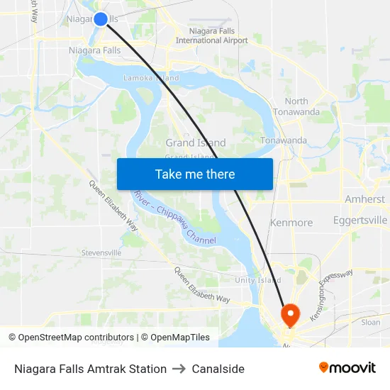 Niagara Falls Amtrak Station to Canalside map