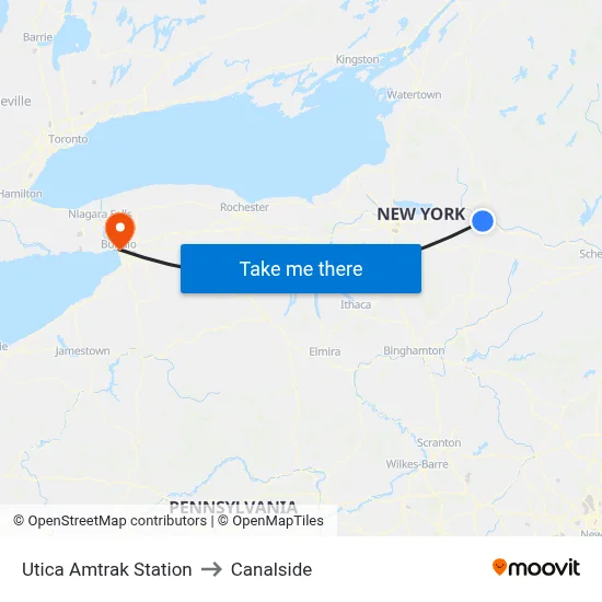 Utica Amtrak Station to Canalside map