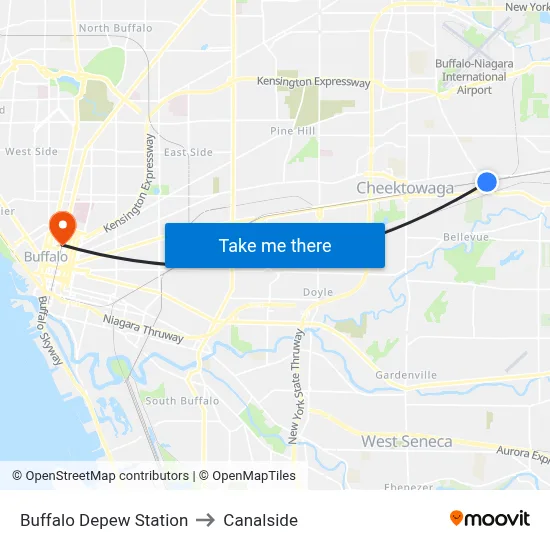 Buffalo Depew Station to Canalside map