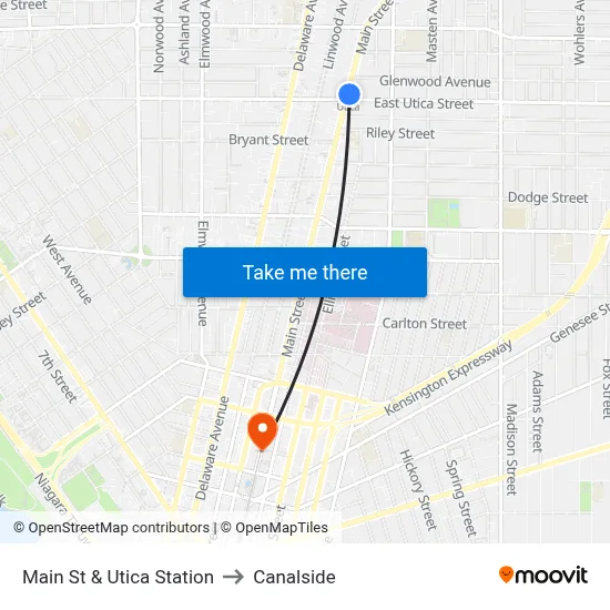 Main St & Utica Station to Canalside map