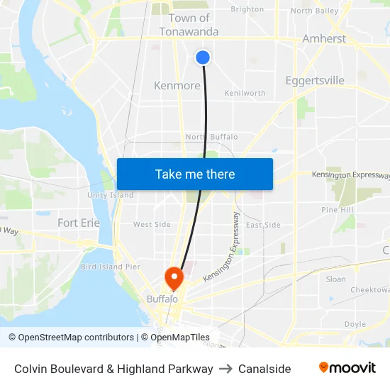 Colvin Boulevard & Highland Parkway to Canalside map